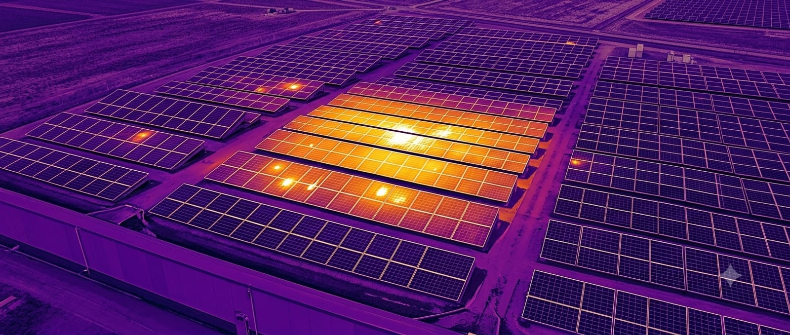 Inspecție termografică aeriană a unui parc fotovoltaic cu drona — imagine termică cu zone supraîncălzite Inspecție termografică aeriană a unui parc fotovoltaic cu drona — imagine termică cu zone supraîncălzite